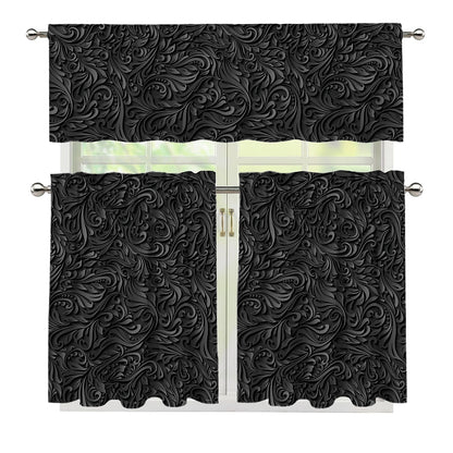 Black Western Damask Floral Print 3 Piece Kitchen Curtains