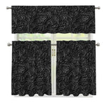 Black Western Damask Floral Print 3 Piece Kitchen Curtains