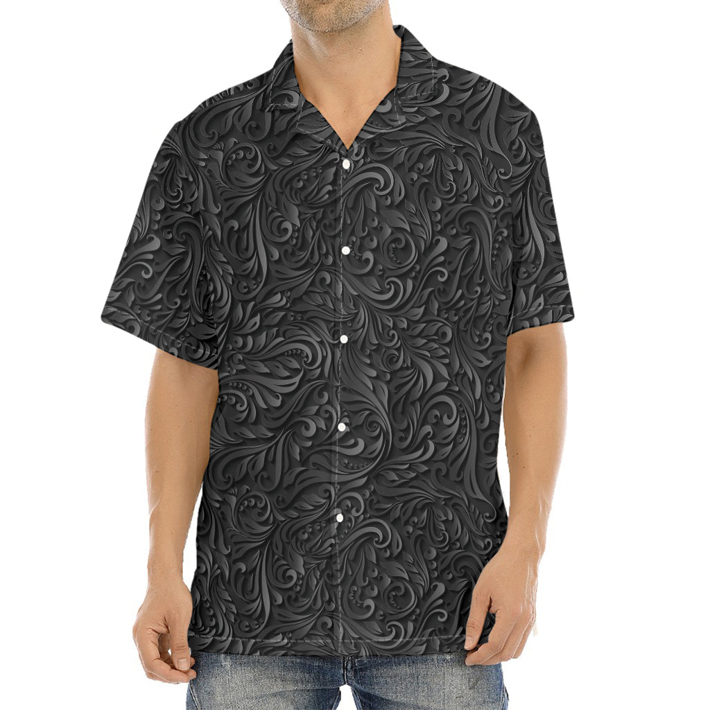 Black Western Damask Floral Print Aloha Shirt