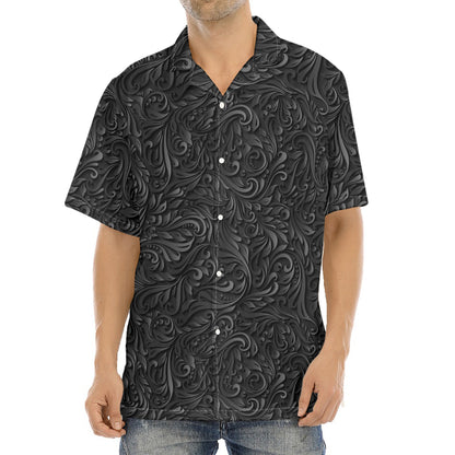 Black Western Damask Floral Print Aloha Shirt