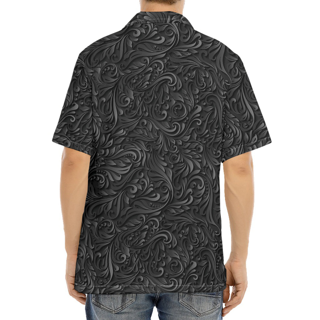 Black Western Damask Floral Print Aloha Shirt