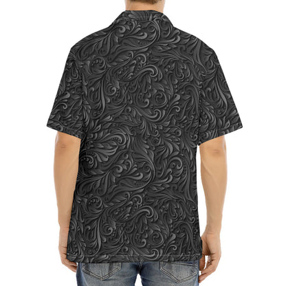Black Western Damask Floral Print Aloha Shirt