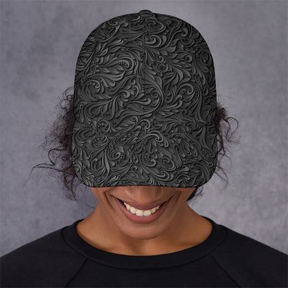 Black Western Damask Floral Print Baseball Cap