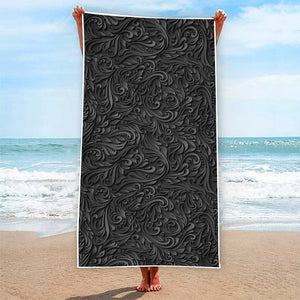 Black Western Damask Floral Print Beach Towel