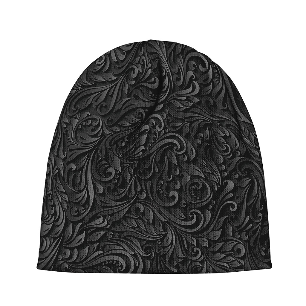 Black Western Damask Floral Print Beanie