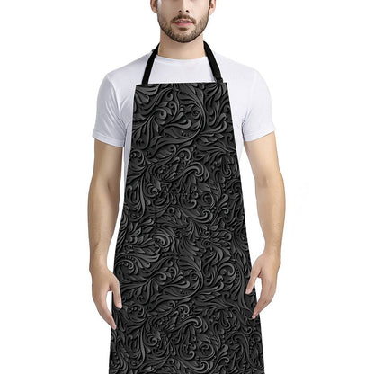 Black Western Damask Floral Print Bib Apron With Pocket