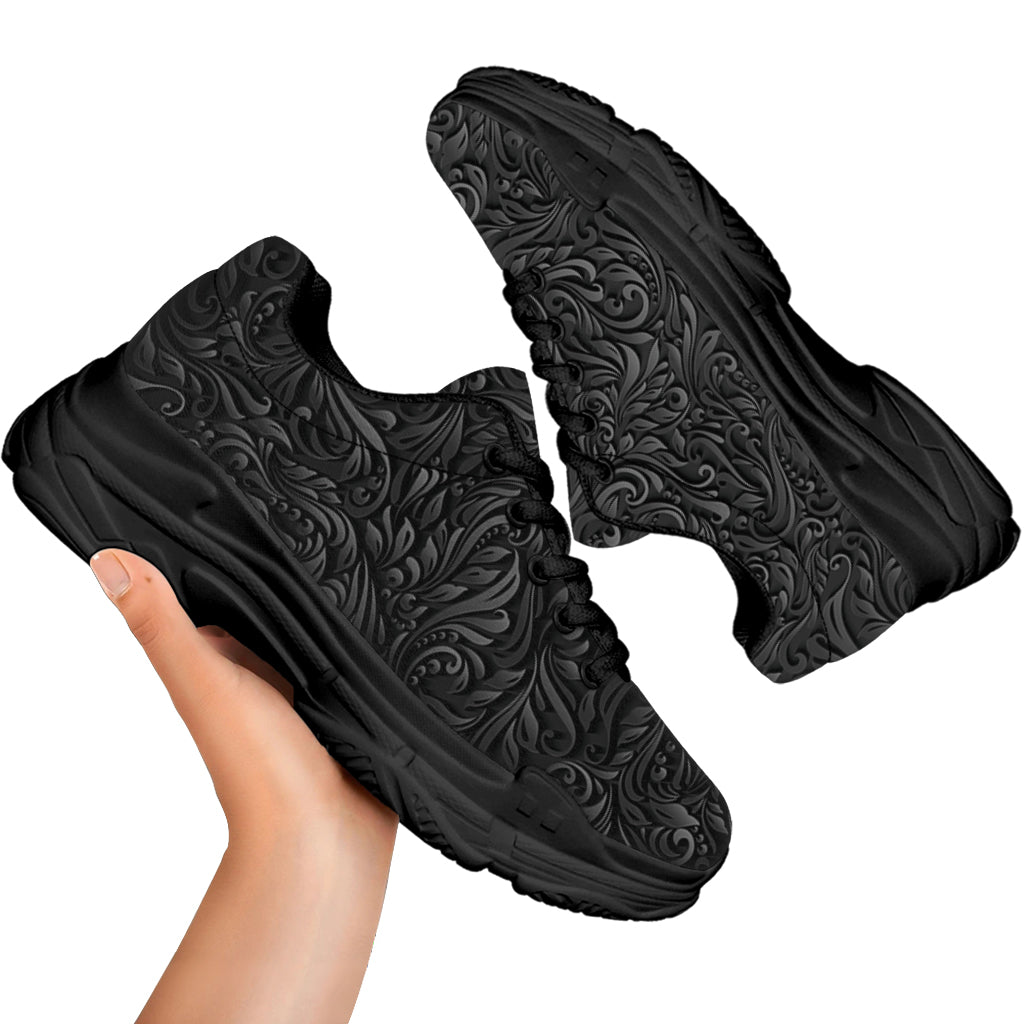 Black Western Damask Floral Print Black Chunky Shoes