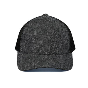 Black Western Damask Floral Print Black Mesh Trucker Cap