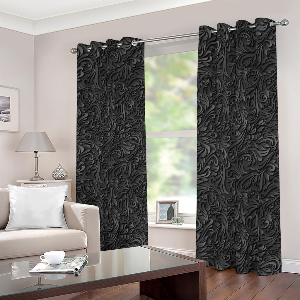 Black Western Damask Floral Print Blackout Grommet Curtains