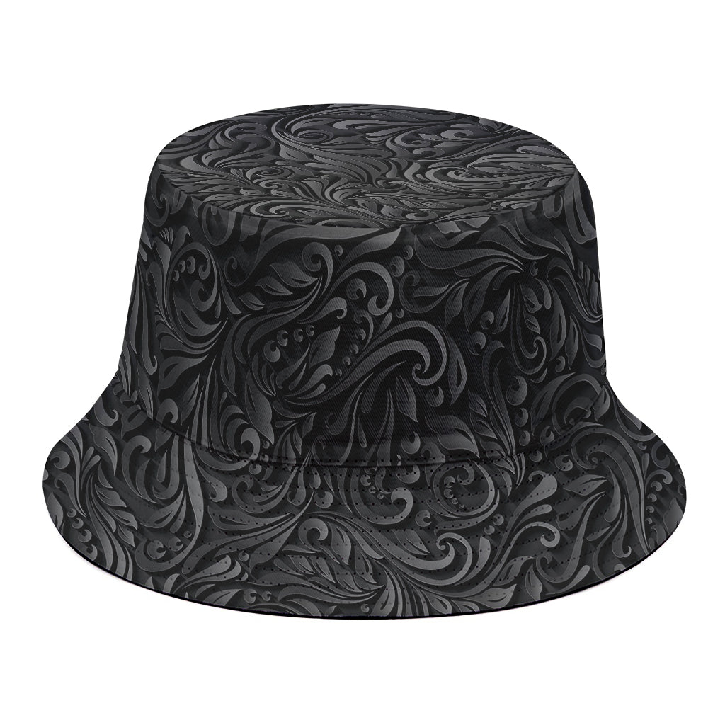 Black Western Damask Floral Print Bucket Hat