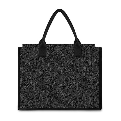 Black Western Damask Floral Print Canvas Tote Bag