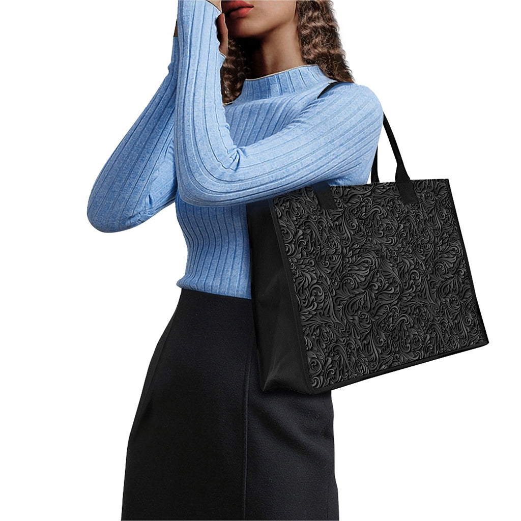 Black Western Damask Floral Print Canvas Tote Bag