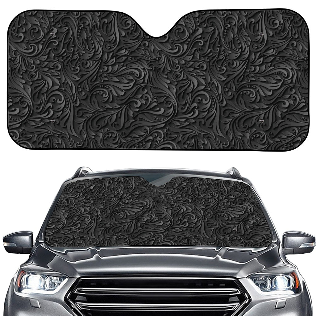 Black Western Damask Floral Print Car Windshield Sun Shade