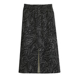 Black Western Damask Floral Print Cotton Front Slit Maxi Skirt