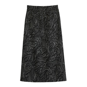 Black Western Damask Floral Print Cotton Front Slit Maxi Skirt