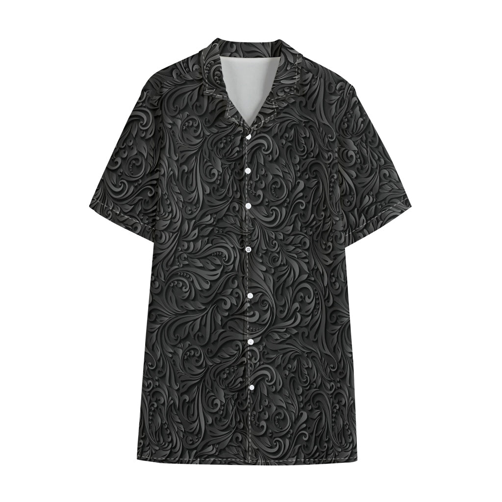 Black Western Damask Floral Print Cotton Hawaiian Shirt