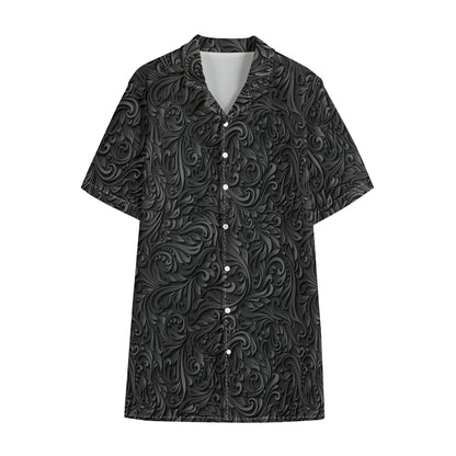Black Western Damask Floral Print Cotton Hawaiian Shirt