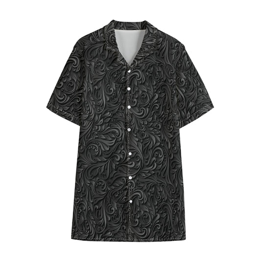 Black Western Damask Floral Print Cotton Hawaiian Shirt