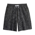 Black Western Damask Floral Print Cotton Shorts