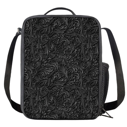 Black Western Damask Floral Print Crossbody Lunch Bag