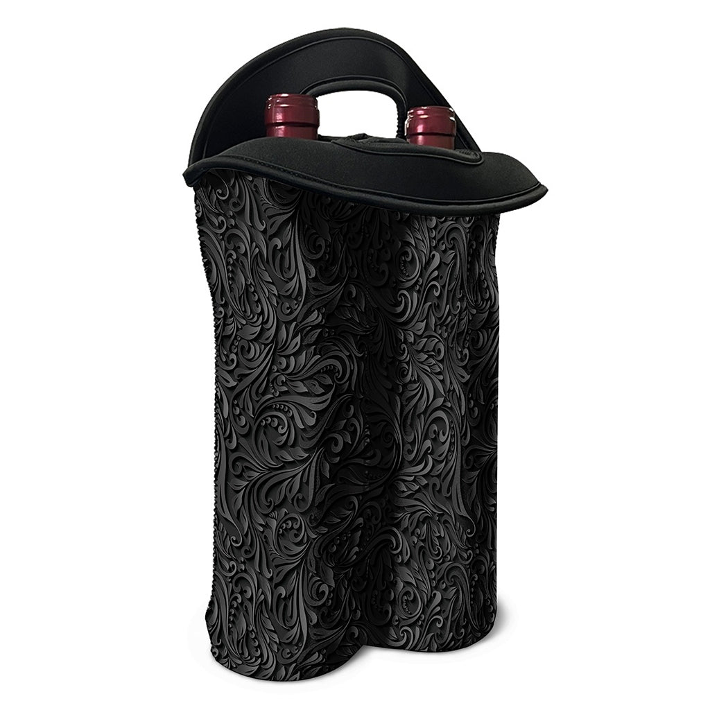 Black Western Damask Floral Print Double Neoprene Wine Tote