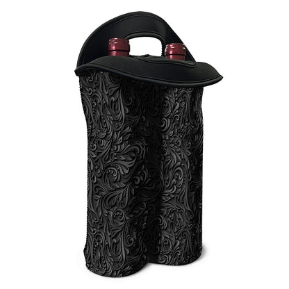 Black Western Damask Floral Print Double Neoprene Wine Tote