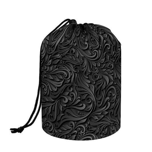 Black Western Damask Floral Print Drawstring Makeup Bag