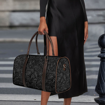 Black Western Damask Floral Print Duffle Bag