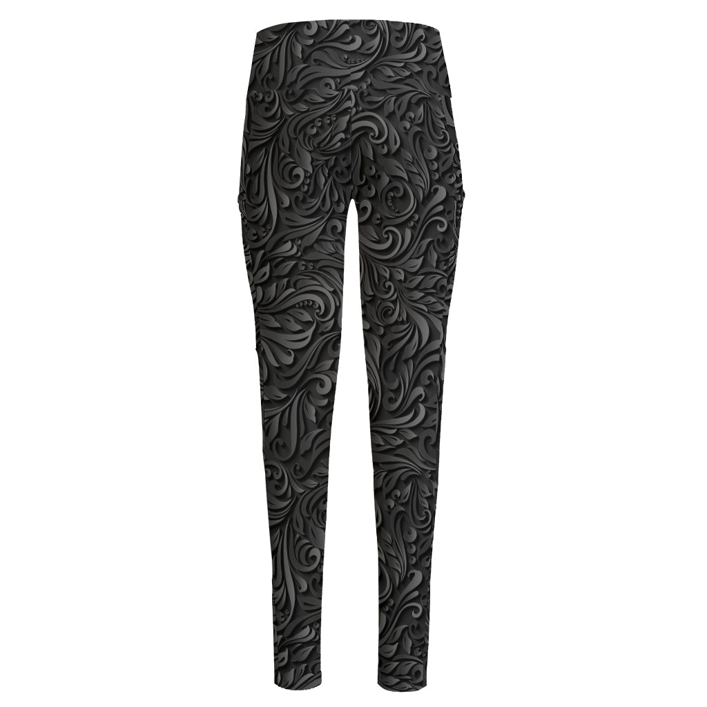 Black Western Damask Floral Print High-Waisted Pocket Leggings