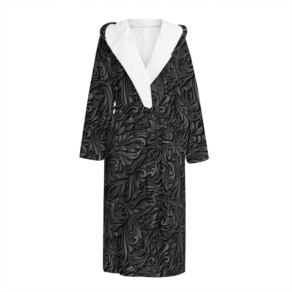 Black Western Damask Floral Print Hooded Bathrobe