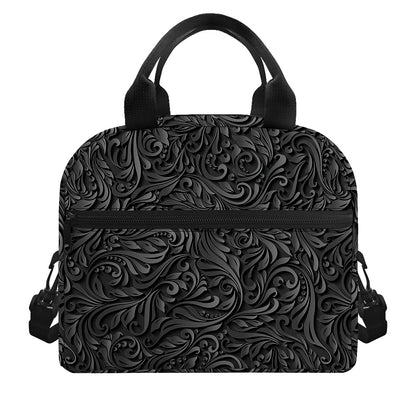 Black Western Damask Floral Print Insulated Lunch Bag
