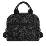Black Western Damask Floral Print Insulated Lunch Bag