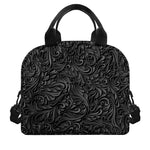 Black Western Damask Floral Print Insulated Lunch Bag