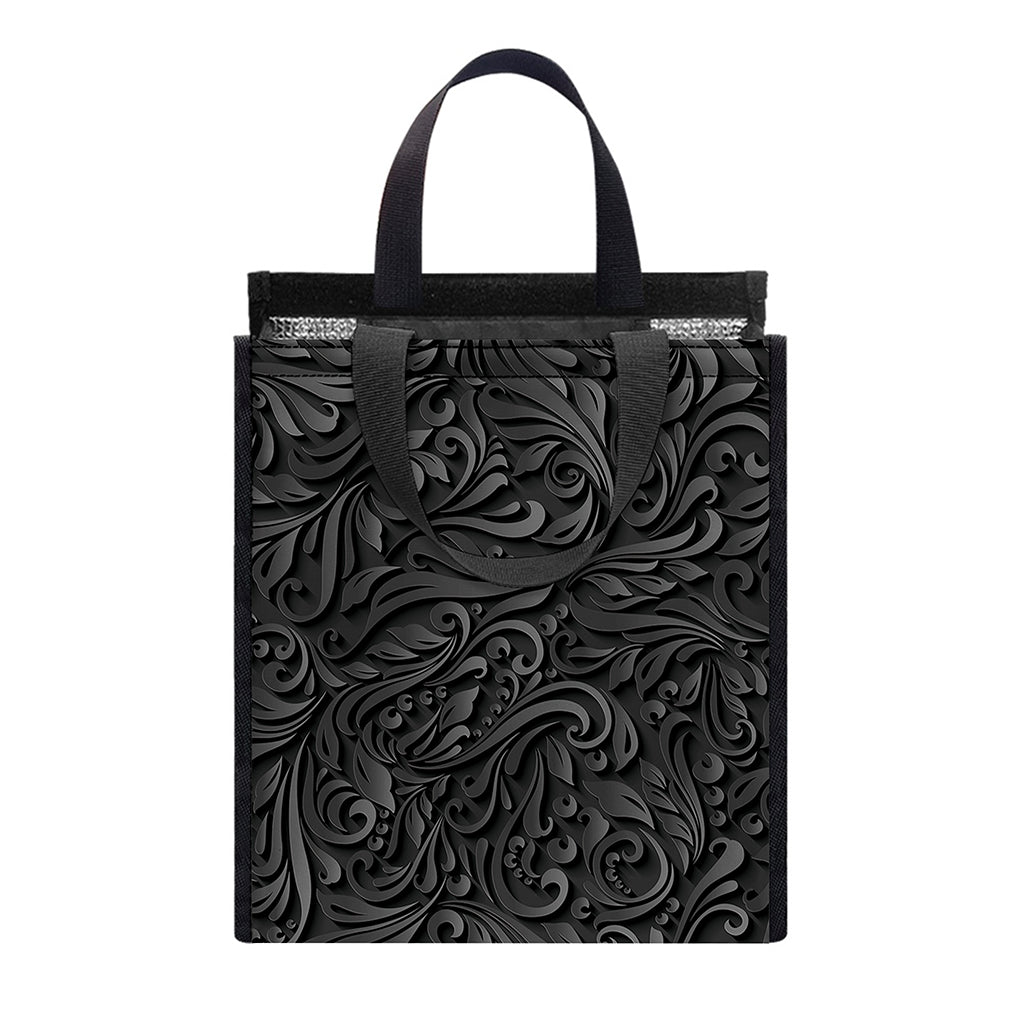 Black Western Damask Floral Print Insulated Lunch Tote
