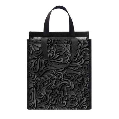 Black Western Damask Floral Print Insulated Lunch Tote