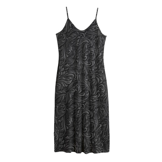 Black Western Damask Floral Print Jersey Midi Cami Dress