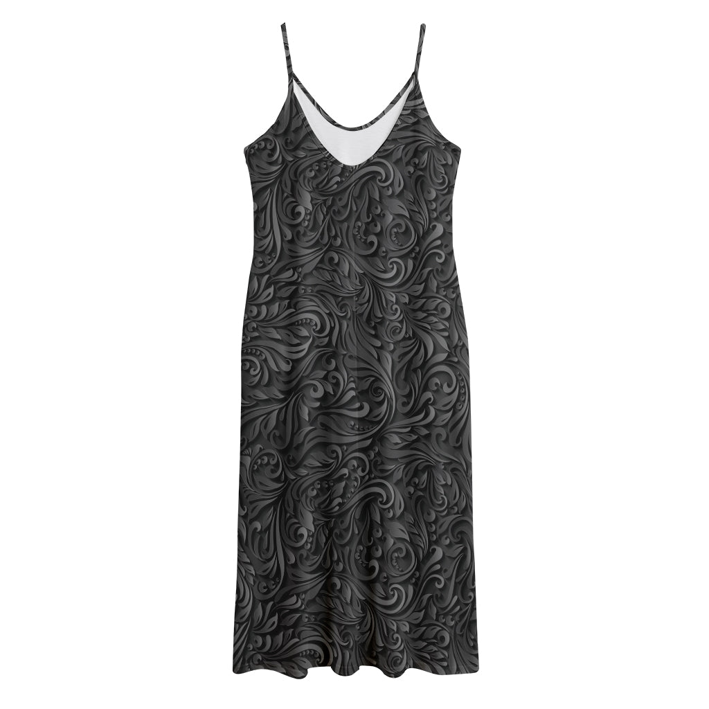 Black Western Damask Floral Print Jersey Midi Cami Dress
