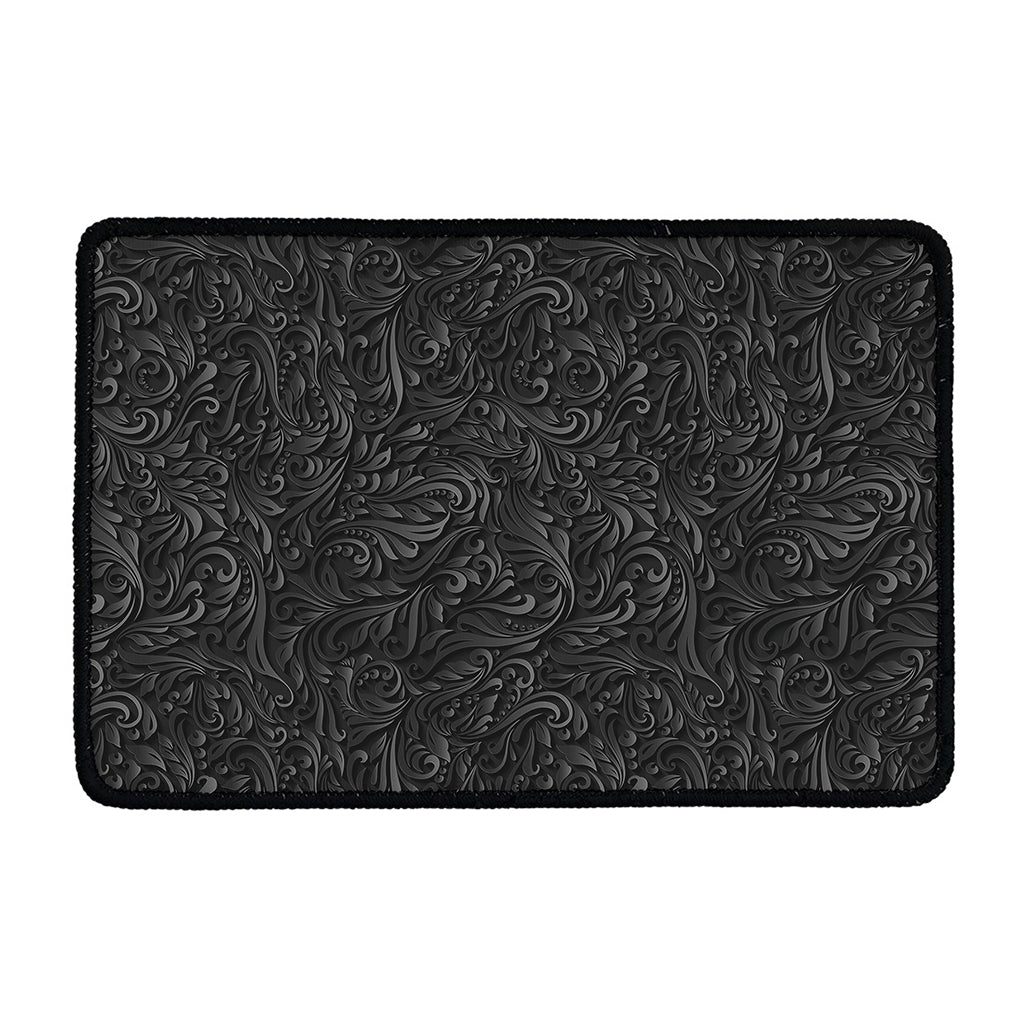Black Western Damask Floral Print Kitchen Mat