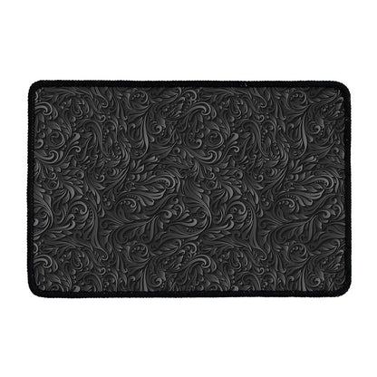 Black Western Damask Floral Print Kitchen Mat