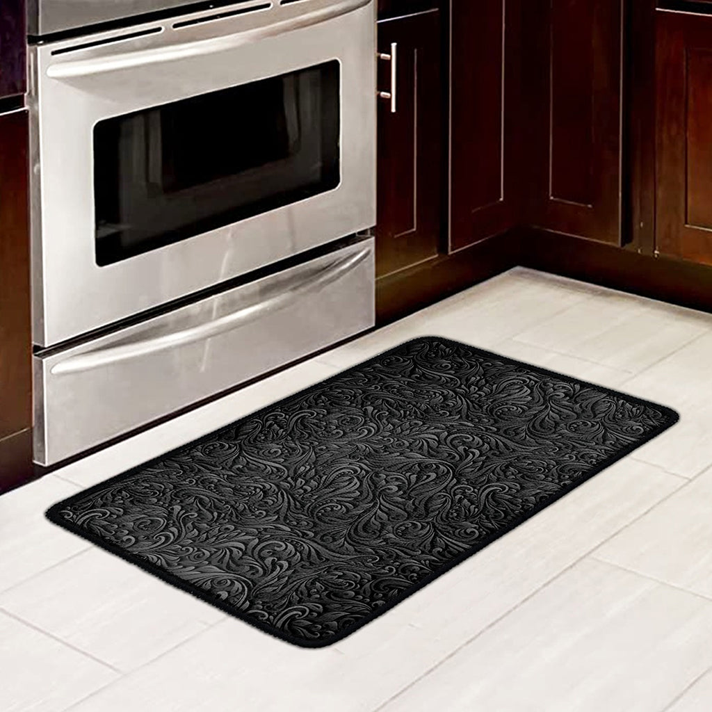 Black Western Damask Floral Print Kitchen Mat
