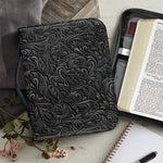 Black Western Damask Floral Print Leather Bible Cover