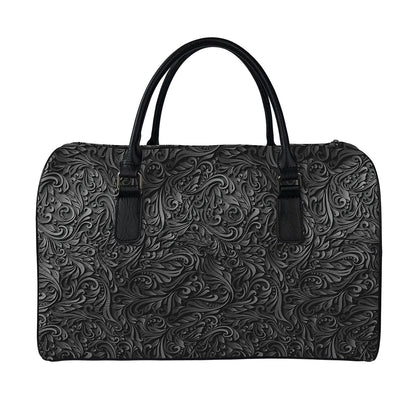 Black Western Damask Floral Print Leather Duffle Bag