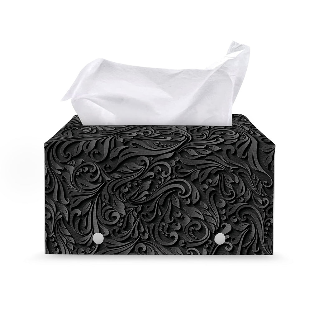 Black Western Damask Floral Print Leather Tissue Box Cover