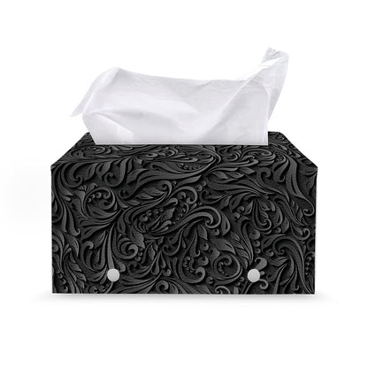 Black Western Damask Floral Print Leather Tissue Box Cover