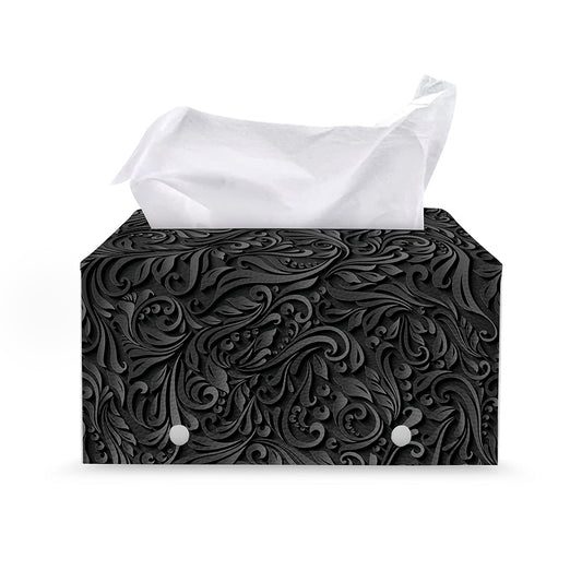 Black Western Damask Floral Print Leather Tissue Box Cover