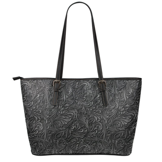 Black Western Damask Floral Print Leather Tote Bag