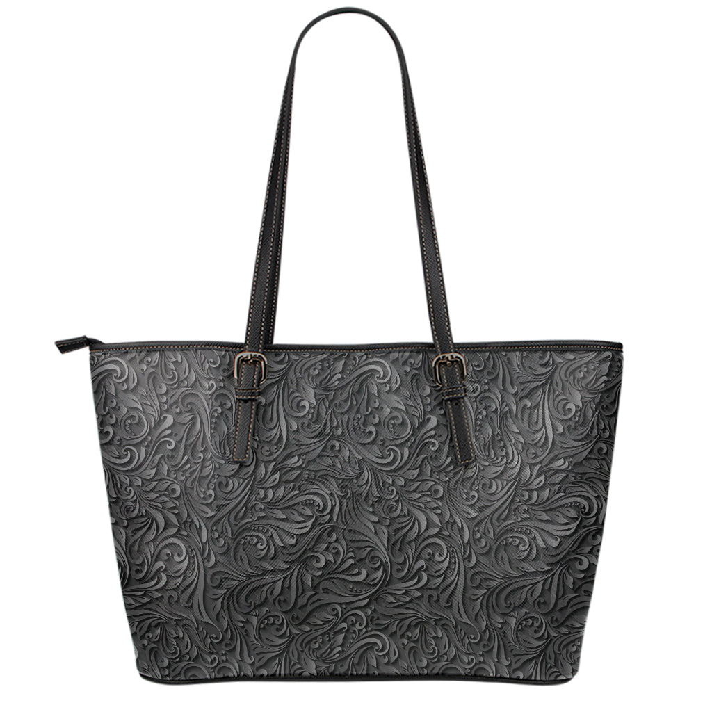 Black Western Damask Floral Print Leather Tote Bag