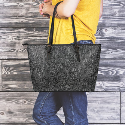 Black Western Damask Floral Print Leather Tote Bag