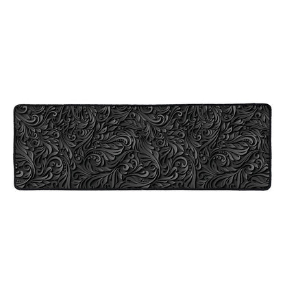 Black Western Damask Floral Print Long Kitchen Mat