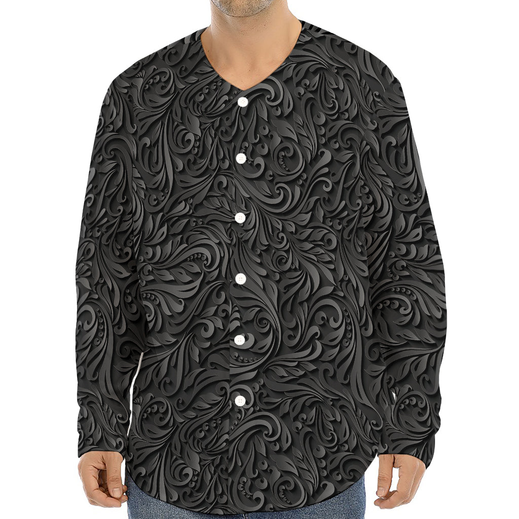 Black Western Damask Floral Print Long Sleeve Baseball Jersey